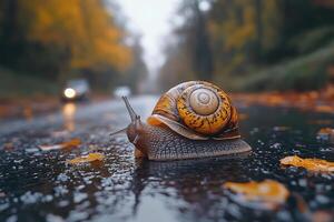 Snail crawling on wet asphalt in autumn forest road with approaching car photo
