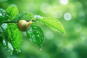 Close-up of a snail crawling on a leaf after the rain photo