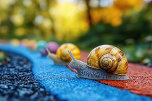 Snails crawling on colorful path in autumn park during sunny day photo