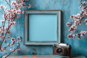 Empty frame, blooming branches and vintage camera creating spring photography composition photo