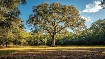 Majestic oak tree dominating a serene autumn landscape photo