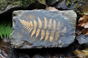 Golden fern fossil imprint decorating grey stone in natural environment photo