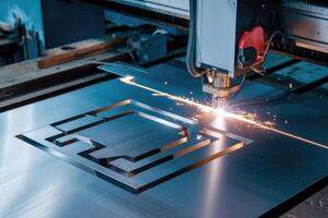Laser cutting machine engraving complex shapes on metal sheet in factory photo