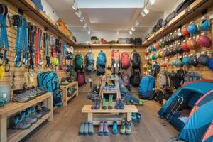 Hiking equipment displayed on shelves in a sporting goods store photo