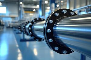 Industrial pipeline system connecting metal pipes with flanges and bolts in modern factory photo
