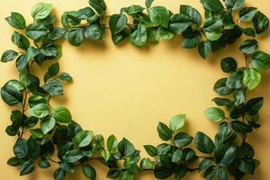 Green leaves border frame on yellow background creating empty space photo