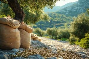 Olive harvest burlap sacks overflowing with freshly picked olives in an orchard photo