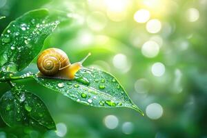Close-up of a snail crawling on a wet leaf in a sunny forest photo