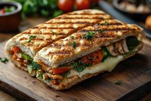 Grilled chicken panini with melted cheese, tomatoes, broccoli and spinach on wooden cutting board photo
