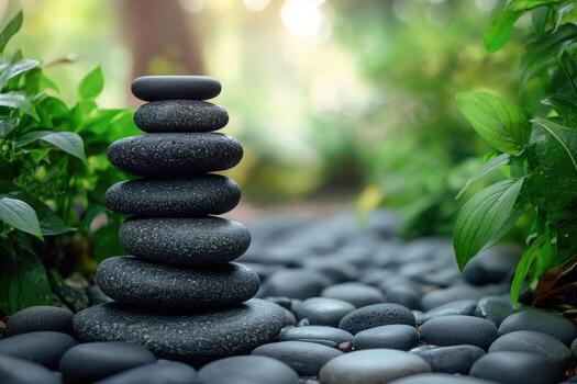 apilar de zen piedras representando equilibrar y armonía en un pacífico jardín foto