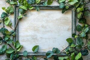 Green creeper plant growing around old wooden frame on white background photo