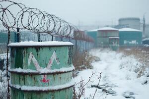 Rusty barrel with warning sign in front of barbed wire fence in winter photo