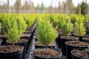 Small cypress or thuja trees growing in pots in tree farm nursery photo