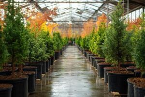 Potted conifer trees growing in greenhouse nursery getting ready for christmas season photo