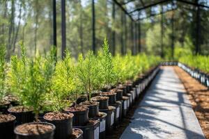 Rows of potted saplings growing in greenhouse nursery for reforestation photo