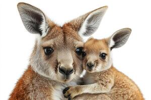 Kangaroo mother embracing joey on white background photo