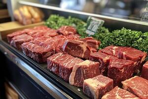 Fresh red meat cuts displayed on ice in butcher shop photo