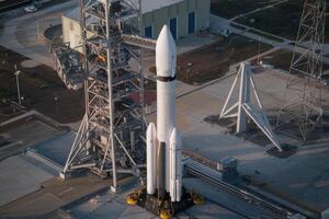Falcon heavy rocket standing on launchpad at kennedy space center photo