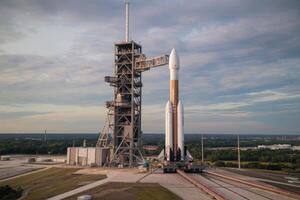 Space launch system rocket standing on launchpad 39b at kennedy space center photo
