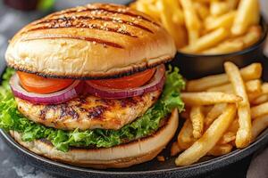 Delicious grilled chicken burger with french fries and sesame seeds on toasted brioche bun photo