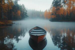 Wooden boat floating on a misty lake in autumn forest photo