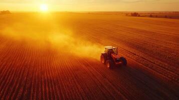 Red tractor working in wheat field at sunset creating dust cloud photo