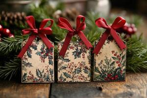 Christmas gift tags decorated with holly and red ribbon bows resting on rustic wood photo