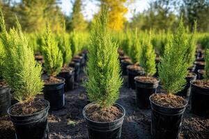 Small cypress or thuja trees growing in pots in tree farm nursery photo