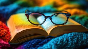 Open book with eyeglasses resting on colorful knitted blanket photo