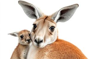 Red kangaroo carrying joey in pouch on white background photo