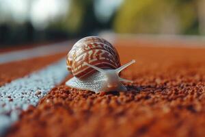 Snail crawling on running track representing slow progress and persistence photo