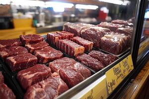 Butcher displaying various cuts of fresh red meat in refrigerated case photo