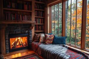 Cozy reading nook by fireplace with autumn view embracing tranquility photo