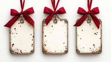 Three blank christmas gift tags hanging with red ribbon bows on white background photo