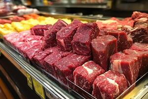 Fresh red meat cuts filling a refrigerated display case in a butcher shop photo
