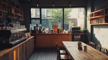 Empty coffee shop interior with large window displaying city view photo
