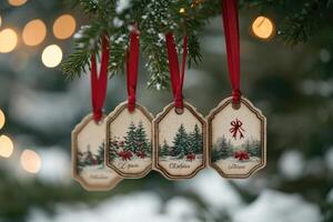 Christmas gift tags hanging on snowy pine tree with red ribbon and lights photo