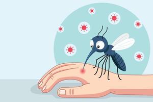 Cartoon of a dengue mosquito biting and drinking blood from a hand on a thin soft blue background. There is a blank space for text vector