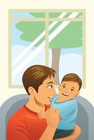 dad sits having fun with his baby boy, with a window and view in the background vector