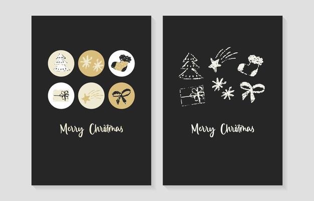 Crayon Christmas holiday card on black background. Grunge xmas minimal poster for party. Pencil scribble design with festive element on cover. New Year 2026 celebration with chic layout decoration.