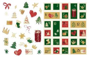 Christmas advent calendar with numbers on tag. Stamp pattern for gift label. Crayon xmas card with postage chevron design. Kid pencil scribble for greeting mail set. Postcard window for present. vector