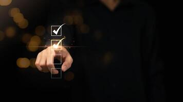inspector makes mark on the survey topic ,Checklist with checkmarks and checkboxes ,checklist ideas, online quality assessment ,checkbox to conduct opinion and quality surveys or satisfaction photo
