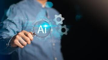 Ai ,Businessman showing concept, connection, innovation development and artifacts too artificial intelligence ,ideas and innovation ,Machine learning ,science and technology ,Machine learning photo
