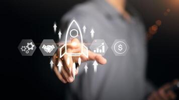 New business startups for young entrepreneurs, new business development ideas, creativity to bring technology to the next level, innovative solutions to new problems, brainstorming for future visions. photo