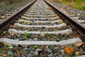 View of Railroad tracks stretching into the distance. Rails and sleepers are covered in rust and partially hidden by fallen leaves. Low viewpoint, industrial style. Blurred background photo