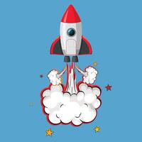 A cartoon rocket flying into the sky with clouds vector
