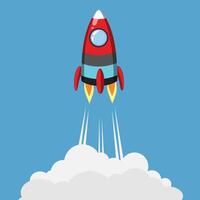 A rocket is flying through the sky with clouds vector