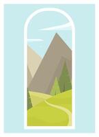 Rural landscape view with spring meadow. Mountains with clouds 2d flat art. Alpine fields vector