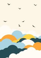 Birds group in flight among colorful clouds. Swallow flock flies in the sky. Crowd of feathered animals vector