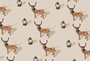Trendy Christmas pattern made with brown reindeer and vintage lantern on pastel cream background. Minimal creative Christmas and New Year concept. Festive holiday pattern backdrop. Xmas aesthetic. photo
